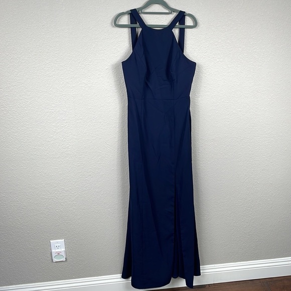 NWT Dessy Collection High Halter Neck Open Back Crepe Gown Dress Midnight Blue - Picture 2 of 12